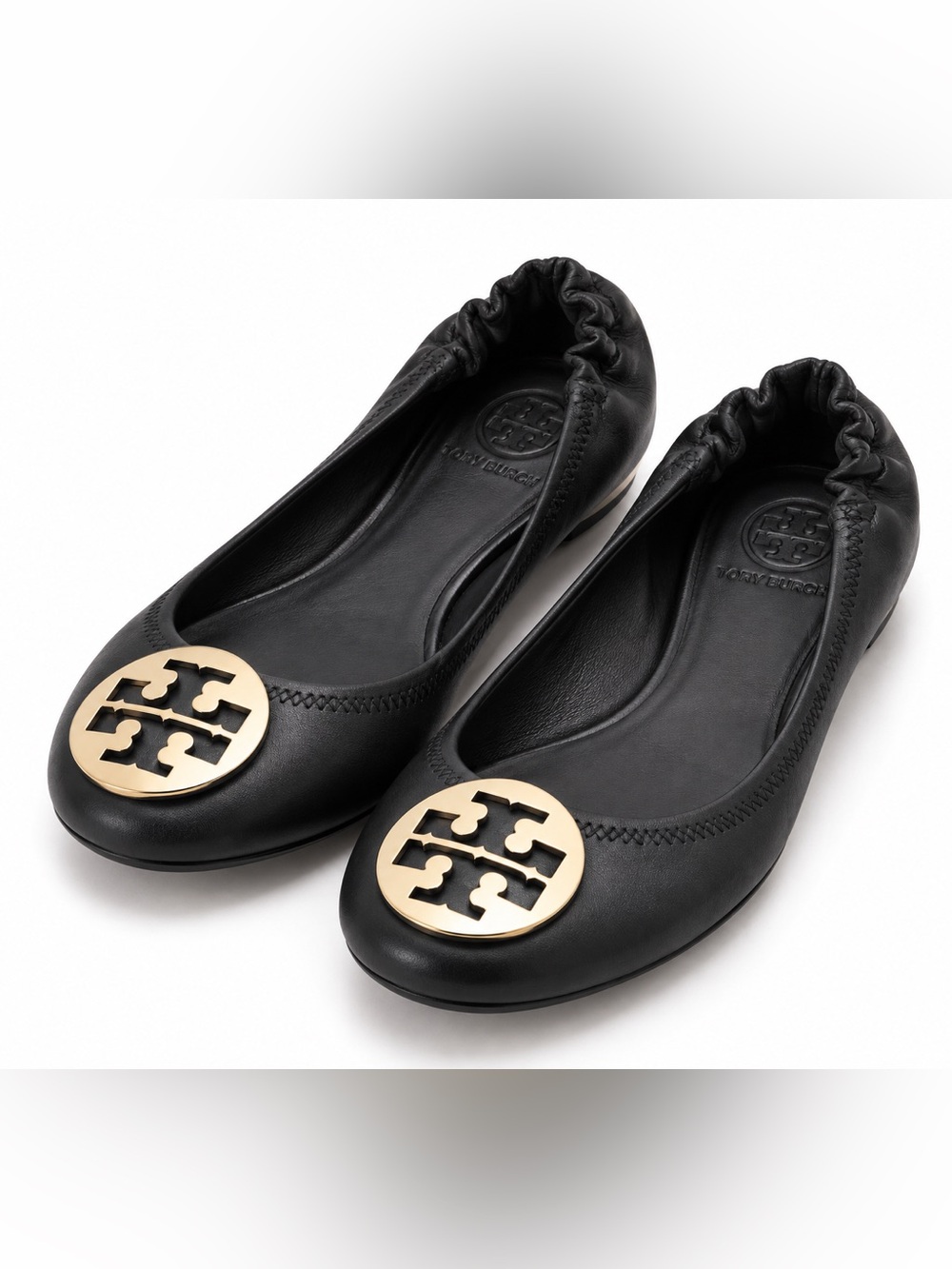 Tory Burch Reva Black Leather Gold Logo Ballet Flats Size 8.5 M